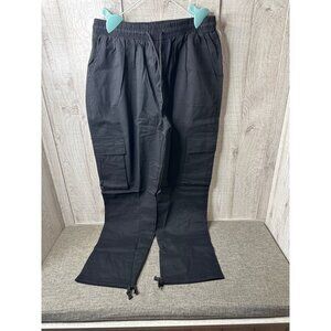 Black Womens Elastic Waist Cargo Pants L w/ Drawstring Hem Side Pockets